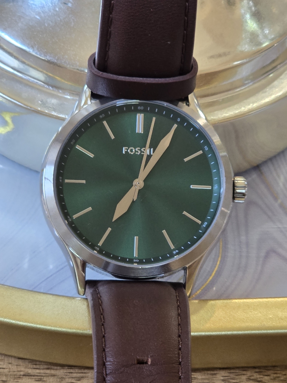 Fossil Slim Green Dial Leather Strap Watch